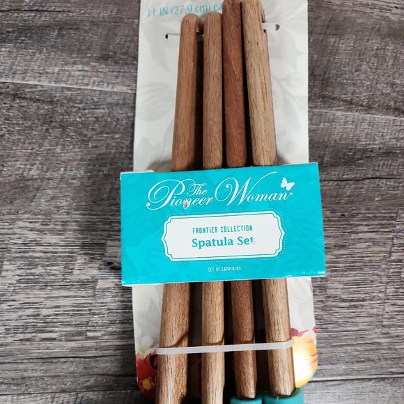 NEW! PIONEER WOMAN BLUE Silicone SPATULA SET~4 PIECES~ACACIA WOOD SILICONE - Picture 5 of 10